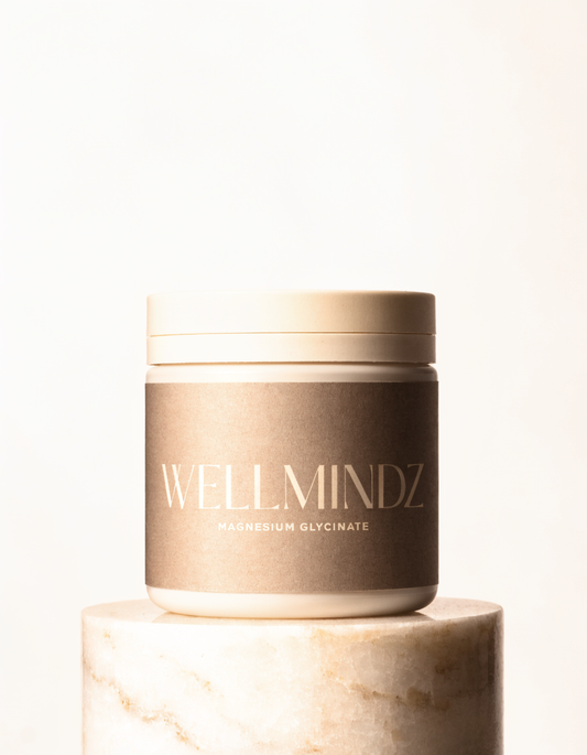 WELLMINDZ Magnesium Glycinate jar with taupe label on cream background